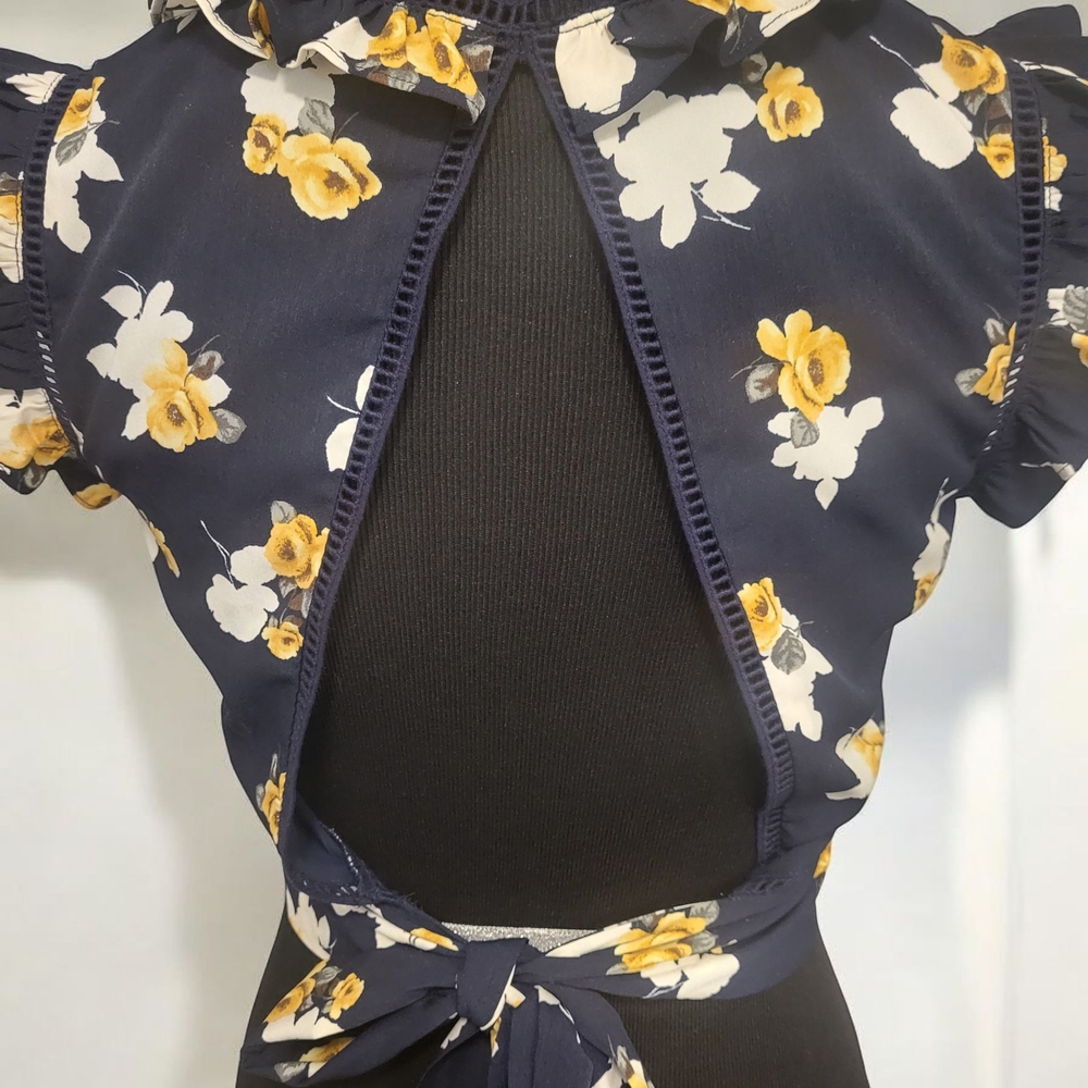 Floral Ruffle Wrap Top - Navy and Yellow - Picture 3 of 3